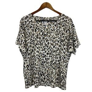 New Chico’s 100% Linen Leopard Print Top Women Sz 2 (L) Short Sleeve Breathable
